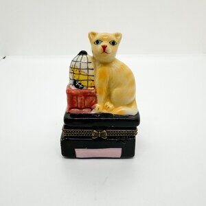 SOLD Cat Hinged Trinket Box Porcelain Cats Orange Ginger Bird Cage Red Pink